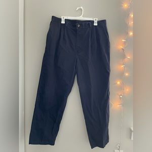 Navy straight-leg pants.
